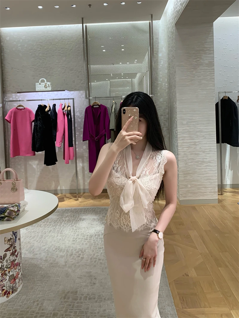 

Ele Sister's Pure Desire Lace irt Svel Tie Ne Design Slimming ort Sle Polyester Fiber Women's Faion Top