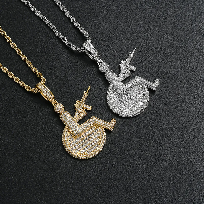 Hip Hop Claw Setting CZ Stone Bling Iced Out Disabled Holding A Gun Pendants Necklaces for Men Rapper Jewelry Drop Shipping