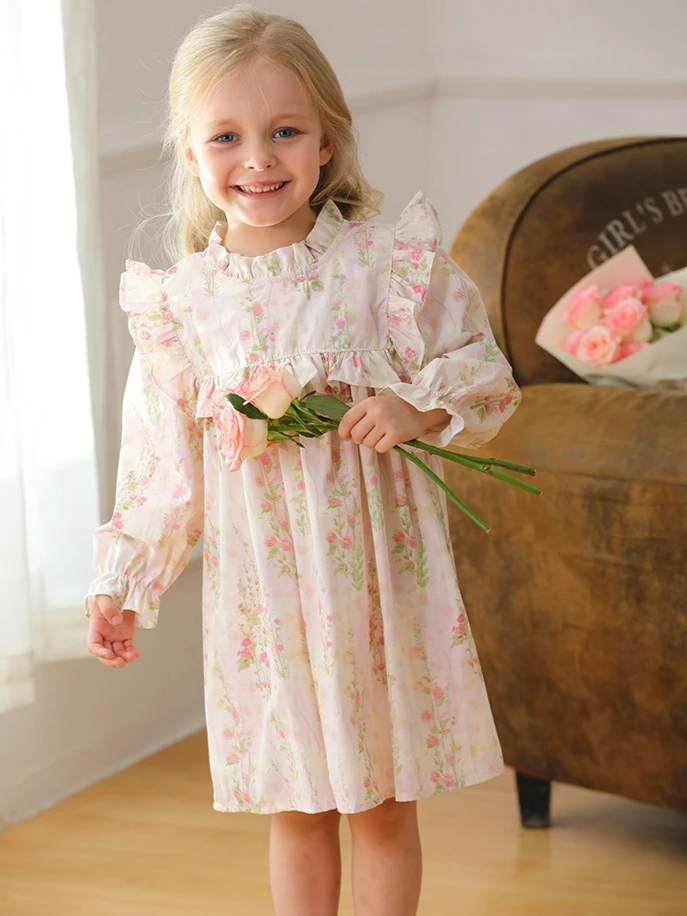 2026 Spring Princess Dress Pure Cotton French Flower Fungus Lace Stand Up Collar Girls' Dress