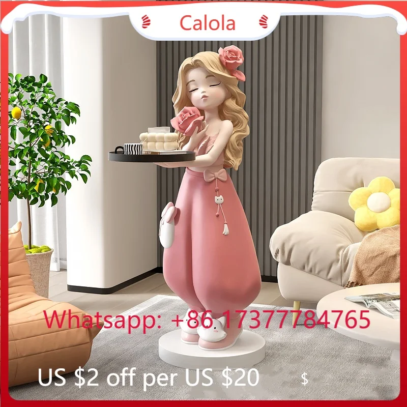 Large Cartoon Girl LED Floor , Resin Sculpture Ornament for Living Room Sofa Corner Decor