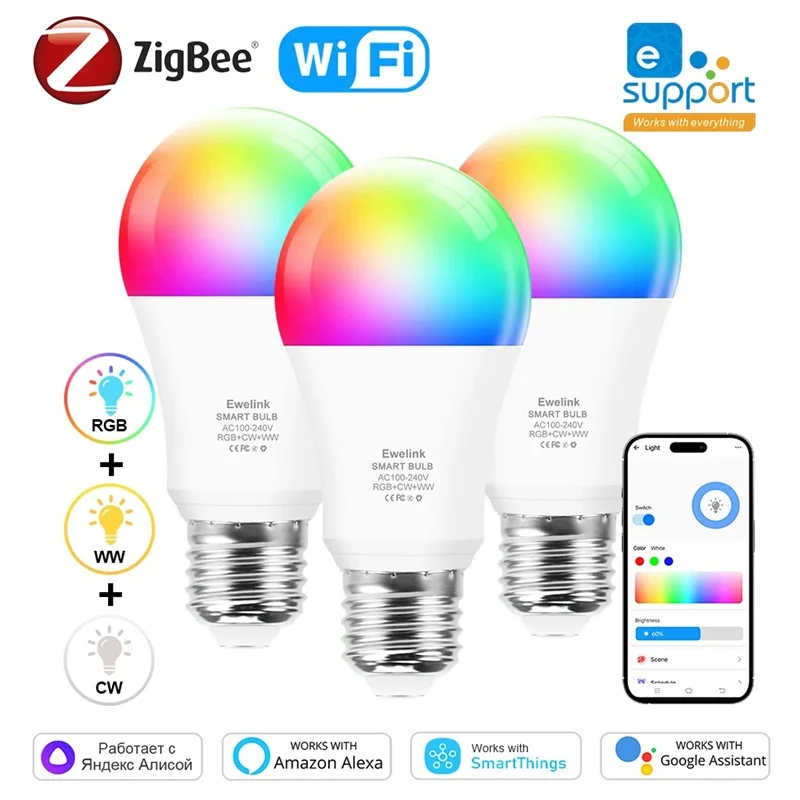 

Ewelink Zigbee Wi-Fi умная лампа с регулируемой яркостью AC 100-240 В светодиодная лампа E27 RGB лампа Поддержка Alexa Alice Smartthing Google Assistant Новый