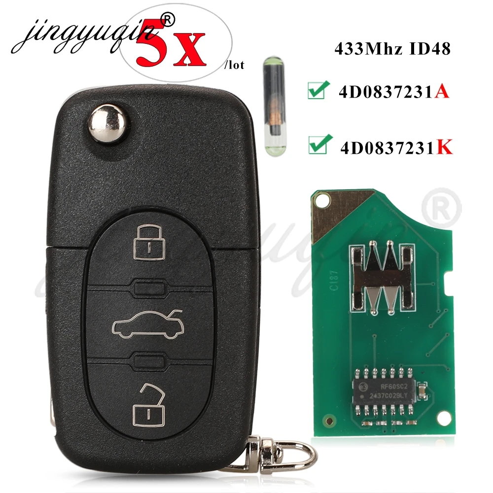 

jingyuqin 5pcs 4D0837231A 4D0837231K Remote Switch Key for Audi A3 A4 A6 A8 TT RS4 Quattro Old Models 433Mhz ID48 Chip Flip Fob