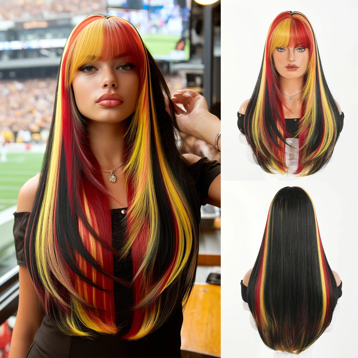 World Cup Wig Long Straight Black Ombre Orange Wig for Women Synthetic Heat-Resistant Fiber Football Fan Hair Soccer Party Wigs