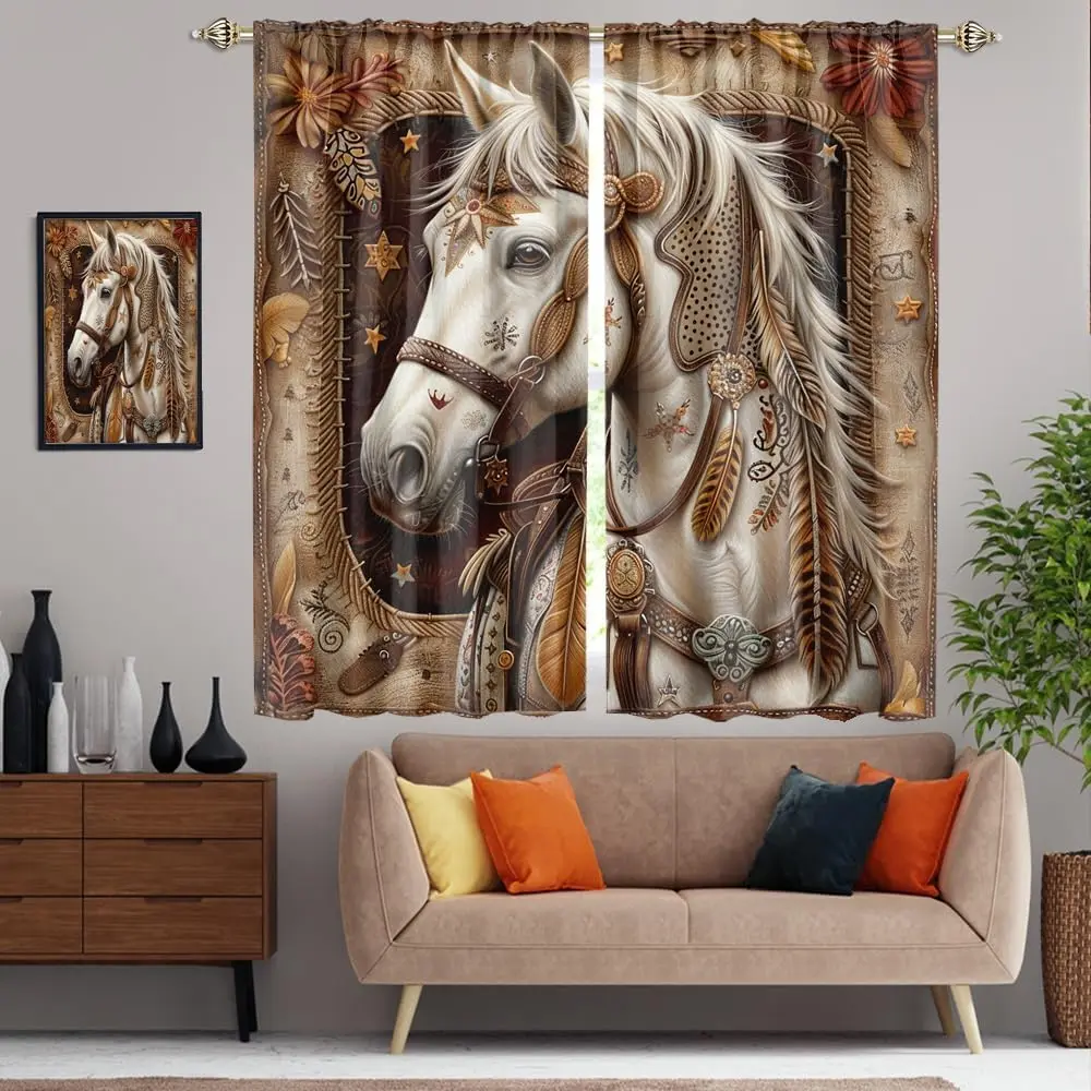 Tribal Feather White Horse Curtains, Native Western Steed Floral Star Rope Frame Vintage Texture Window Drapes for Farm Bedroom