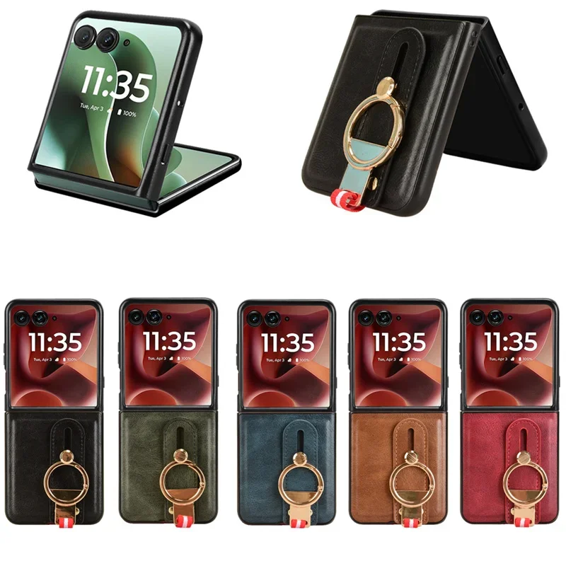 

For Motorola Moto Razr 60 Ultra Shockproof Wristband Ring Bracket Back Cover For Moto Razr60 Ultra Protective Leather Phone Case