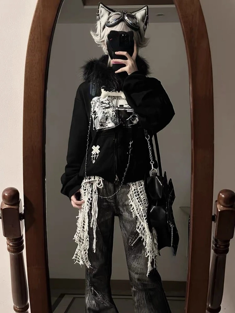 Vintage Printing Sweatshirt Jackets Women Fur Patchwork Black Gothic Hoodies Double Zippers Punk Y2k Aesthetic Grunge Jacket