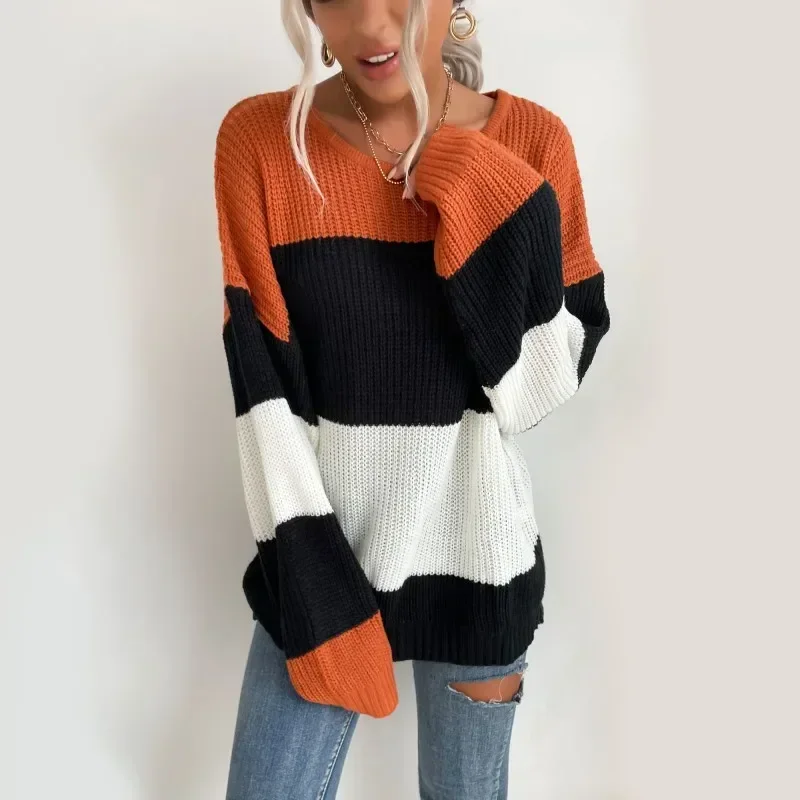 

Conciso Spring Autumn European and American Women Contrast Color Round Neck Color Block Knitted Pullover Sweater Drop shoulder