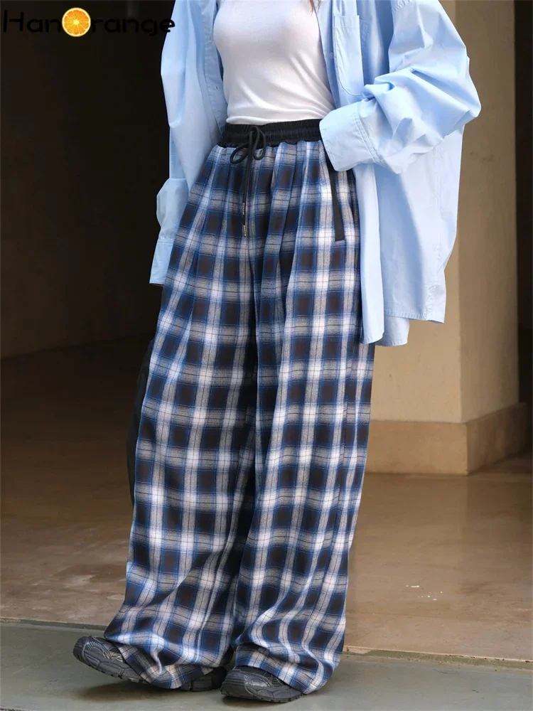 HanOrange 2024 Autumn Winter Retro Plaid Wide Leg Pants Women Loose Elastic Soft Trousers Blue/Black