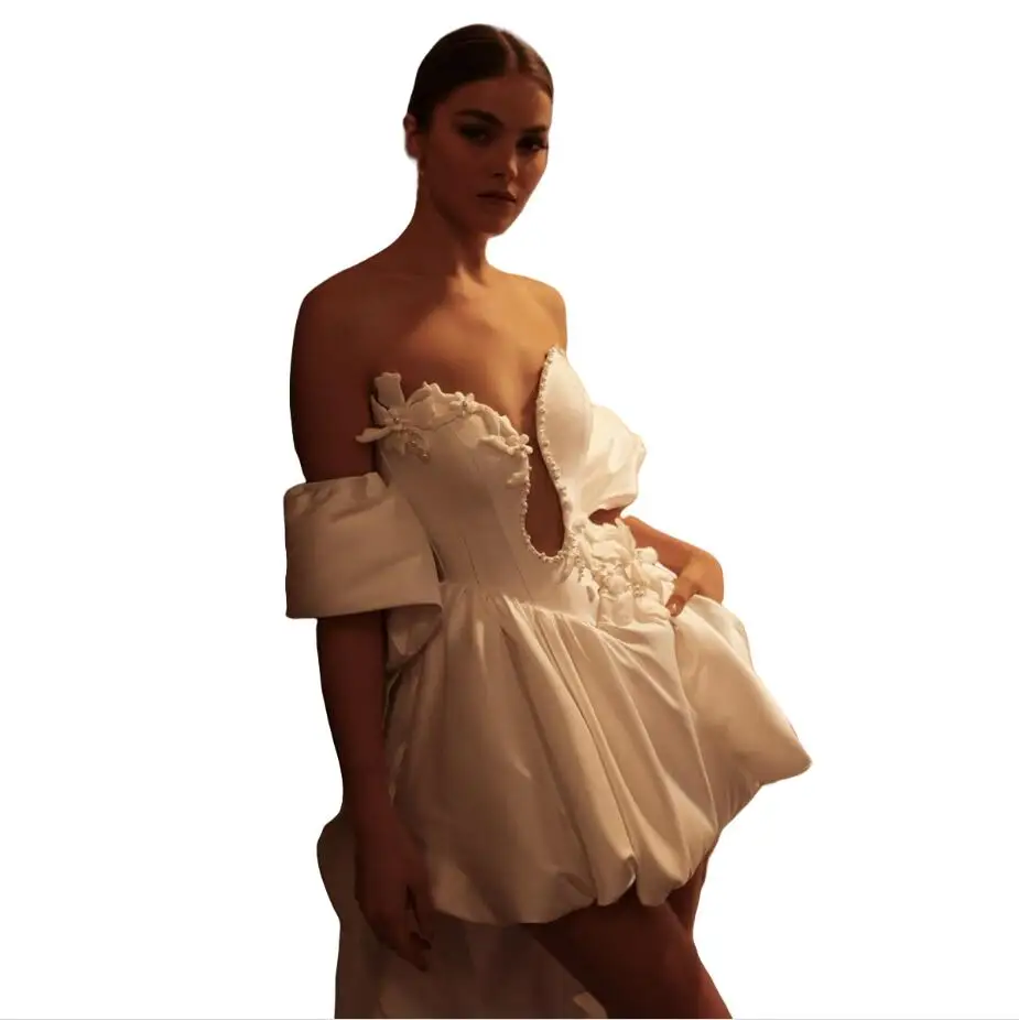 

Short Prom Dresses with Detachable Shawl Sleeves Customized Beaded Floral Wedding Bride Dress Formal Party Gown