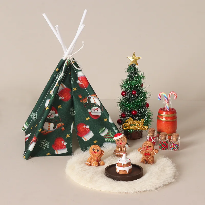 1:12 Dollhouse Mini Christmas Camping Scene Set Tent Gingerbread Man Xmas Tree DIY Micro Landscape Holiday Decor Doll Accessory