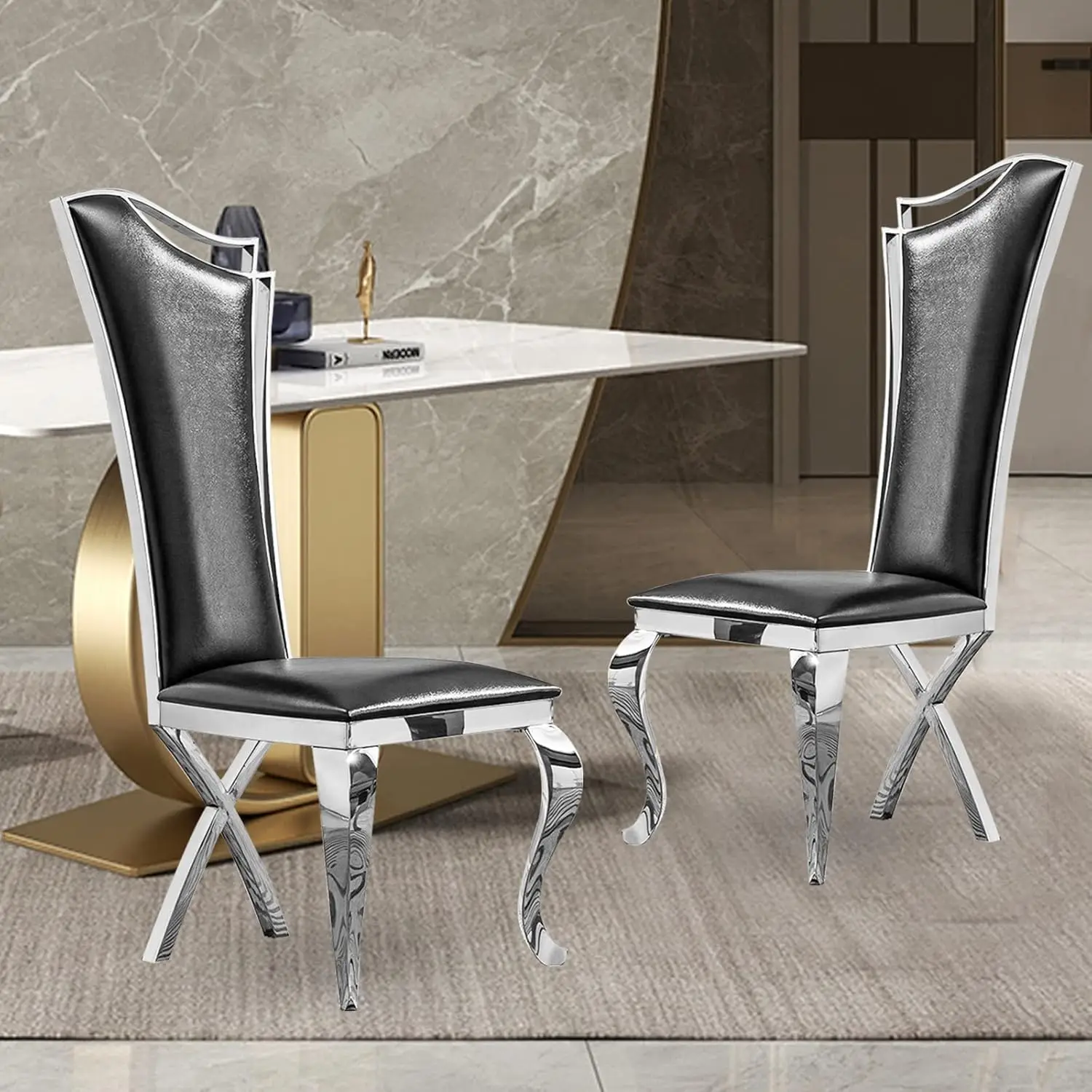 Ssline Modern Luxury Dining Chairs Set Of 4 Black Leather Kitchen Dining Room Chair With Silver Mirrored Stainless Steel Legs