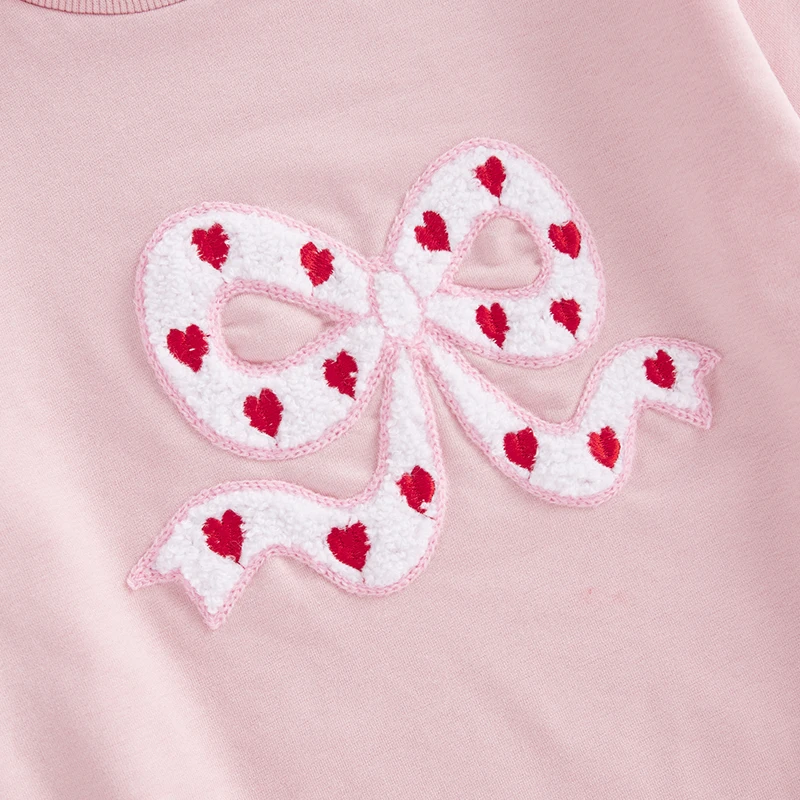 Valentines Day Baby Girl Outfit Bow Love Embroidery Long Sleeve Bubble Sweatshirt Romper Cute Fall Winter Clothes