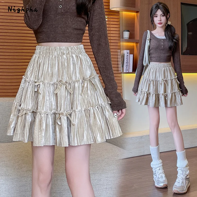 

Women's Autumn Winter Velvet Fluffy Mini Skirt Solid Color High Waist Pleated Drawstring A-line Short Skirt