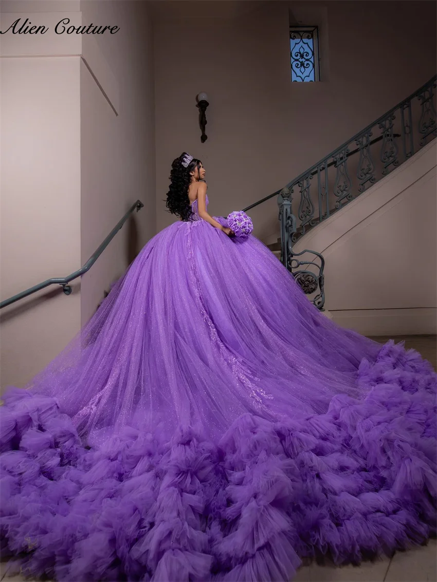 

Лавандовое платье принцессы Quinceanera, бальное платье Sweet 16, многоуровневое платье с рюшами и бисером, платья для дня рождения 15 Anos по индивидуальному заказу