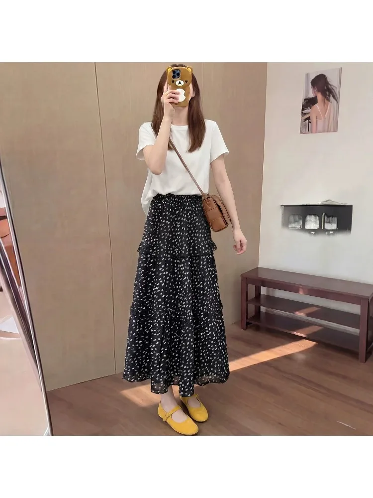 plus Size Floral Print Half Skirt High Waist Midi A-Line Umbrella Skirt Summer Women's Black And White Checkered Party Dress