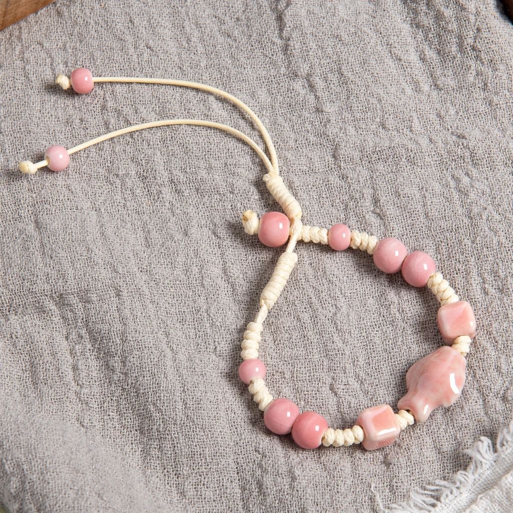 Pink Ceramic Fish Charm Handmade Bracelet Adjustable Macrame Rope Cute Minimalist Gift for Women Girls S03-120