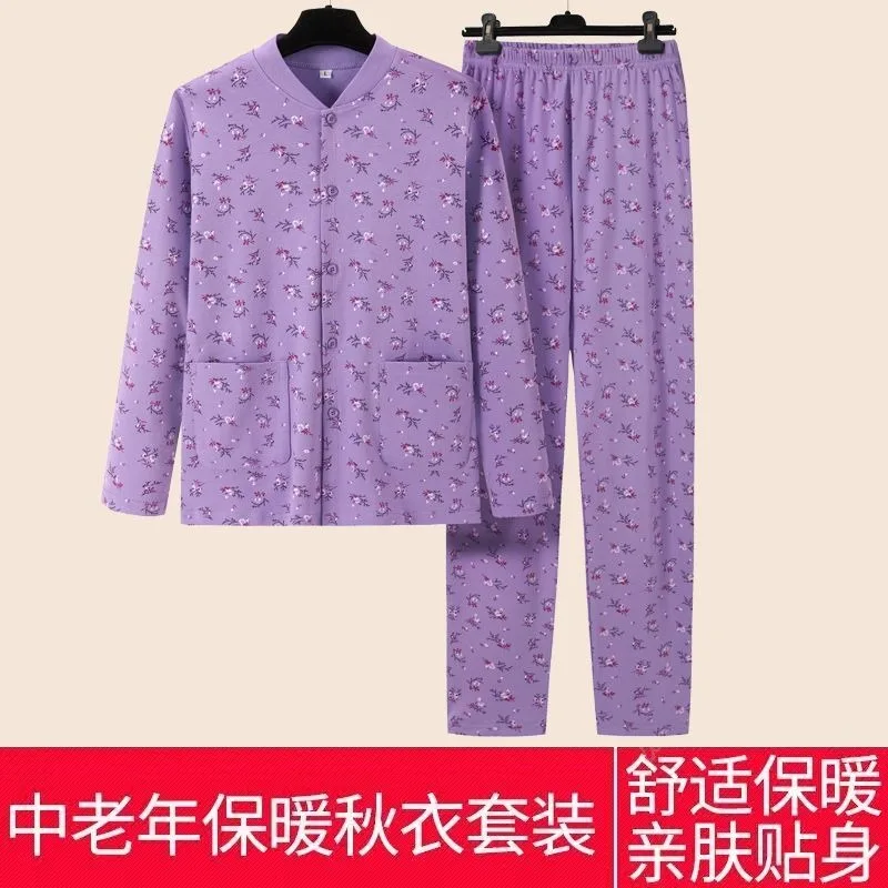 Elderly Women Autumn Floral Cotton Thermal Underwear Set Loose Thin Button Up Pajamas Loungewear