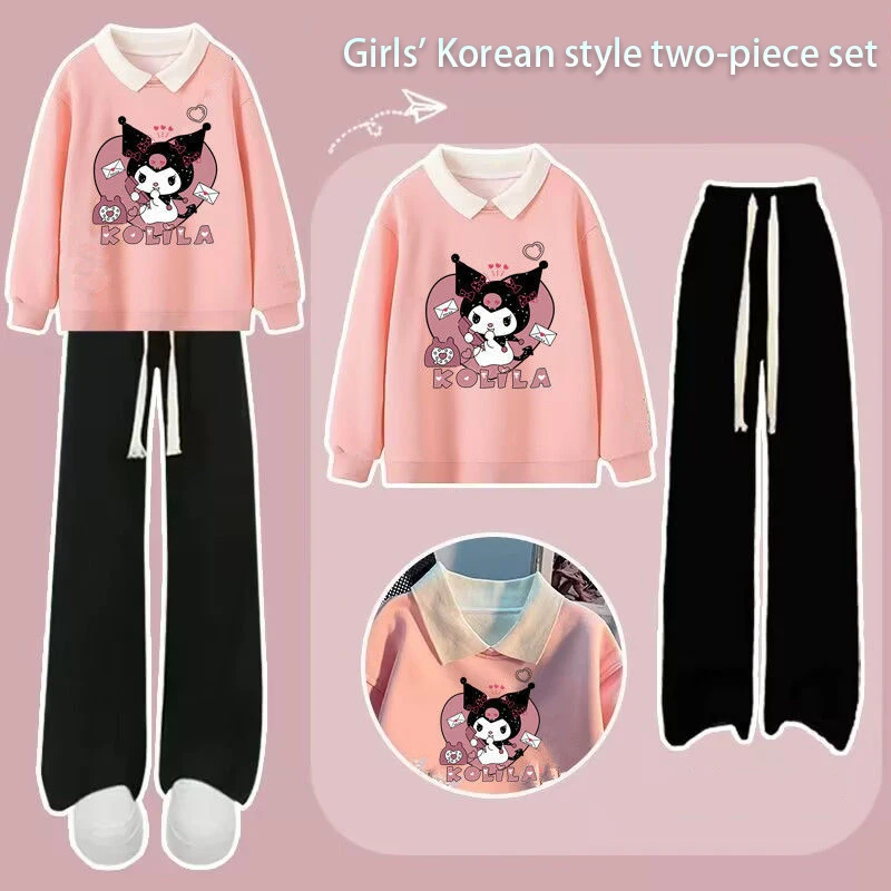 

2 Piece Set Sanrio Kuromi Children Hoodie Suit Lapel Anime Figure Casual Outfit Wide Leg Pants Western Style Kawaii Cute Cartoon