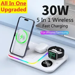 30W 5 In 1 Wireless Charger Stand Light Alarm Clock Fast Charging Station Dock For iPhone 14 13 12 IWatch Samsung Galaxy Watch