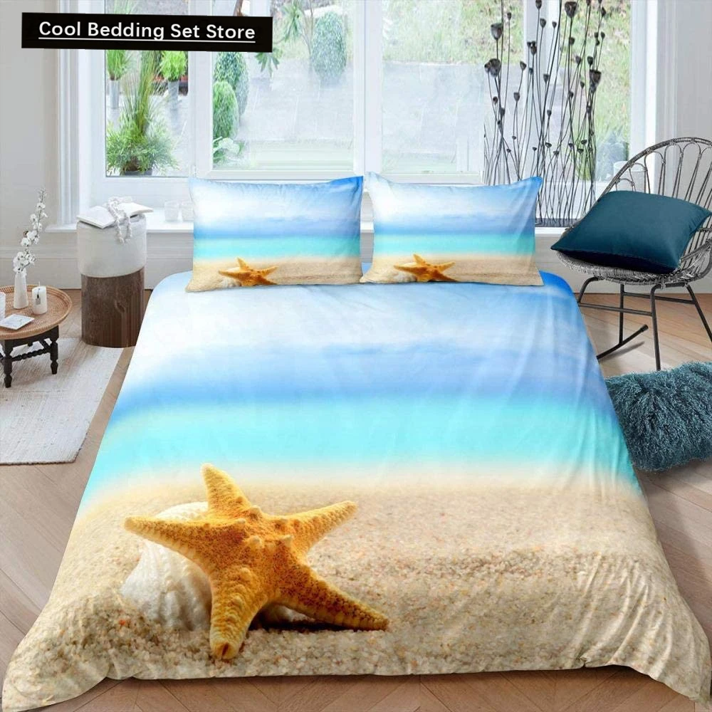 

Beach Starfish Seashell King Queen Duvet Cover White Ocean Creatures Bedding Set Hawaii Quilt Cover Polyester Comforter Cover
