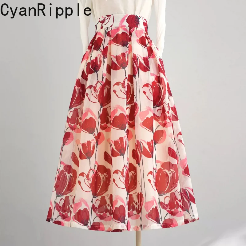 2026 New Spring Summer Vintage Red Printing Female A-line Skirt Elegant Mid-length Umbrella Skirt High Waist Women Puffy Skirts