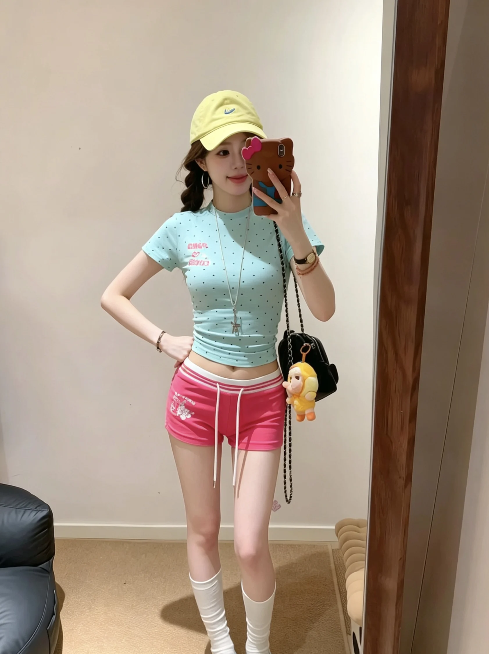 

Sweet And Spicy Girl Polka Dot Letter Short Sleeve T Shirt Women Summer Striped Casual Pants Shorts Two Piece Set Fashionable