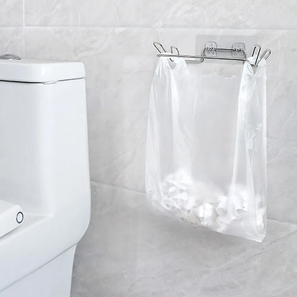 2PCS Stainless Steel Trash Bag Holder With Wall Sticker Base 2.4 x 5.5 x 7.3in Garbage Bag Hanger Trash Bag Rack Under Sink