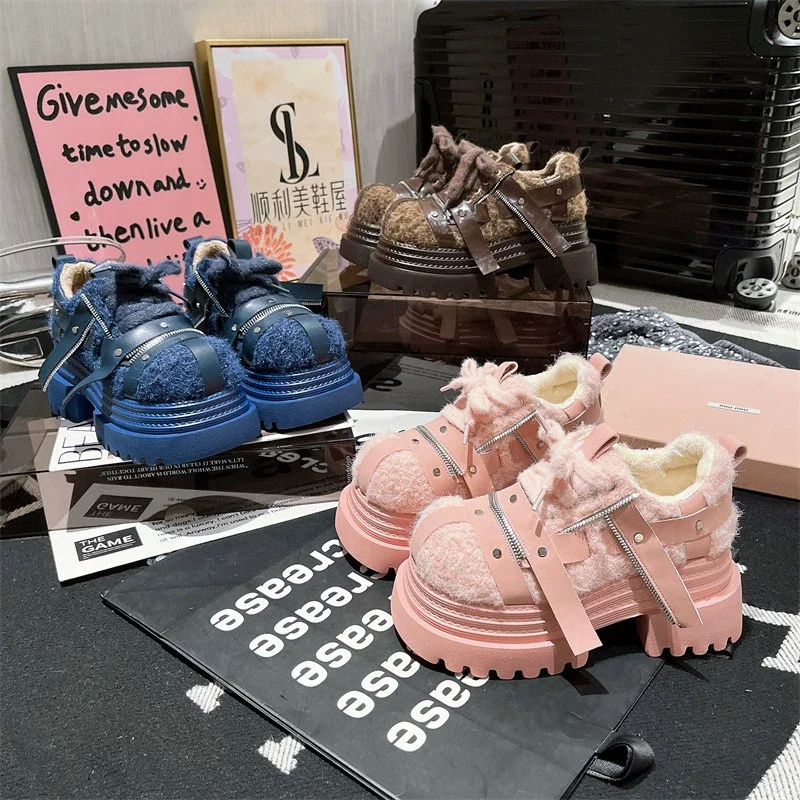 

Большие шерстяные туфли с металлическими ремешками на молнии, кожаные туфли Jk для тяжелой промышленности с бархатной женской обувью Sweet Lolita