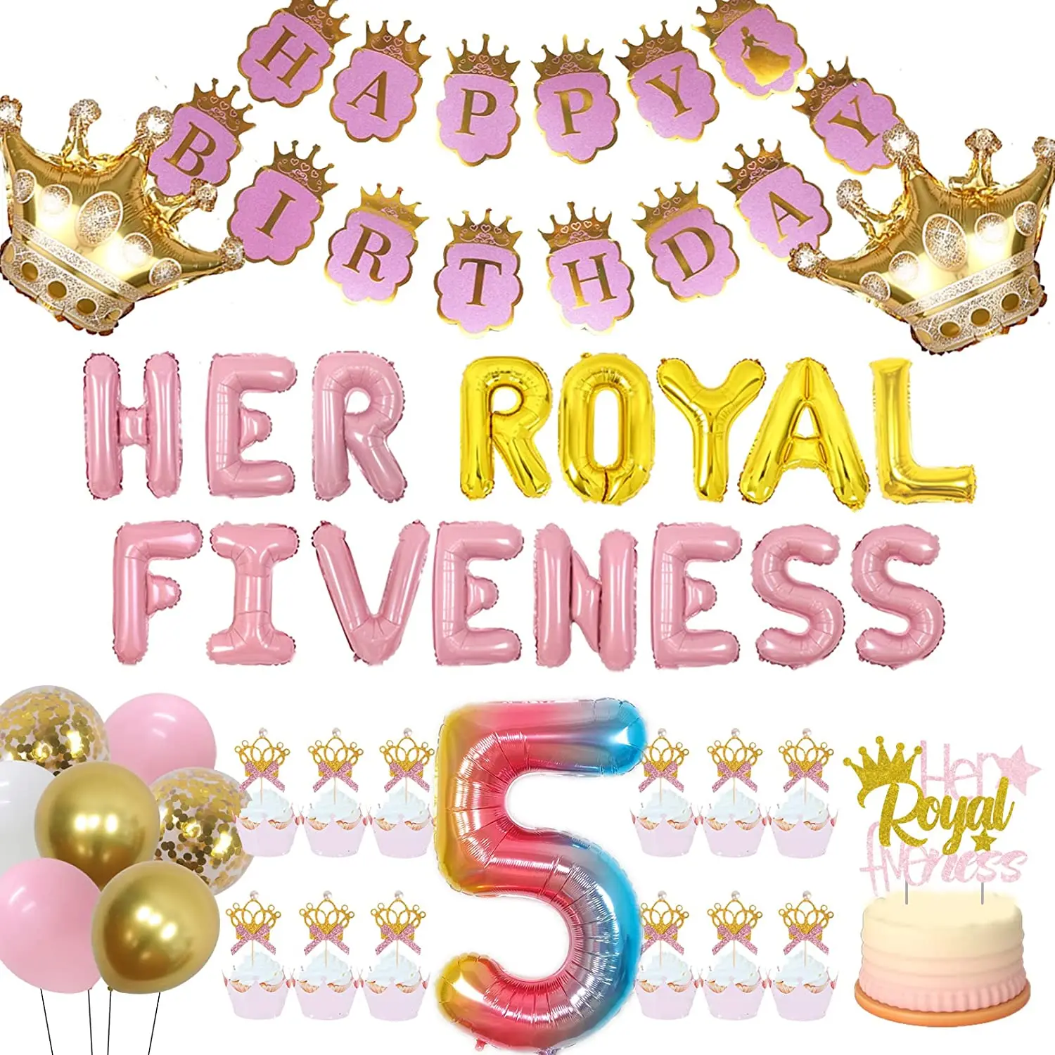 

Sursurprise-Royal Princess Crown Foil Balloons, Cake Topper Kit, Pink and Gold, Her Royal Fiery, 5th Birthday Decorations for Gi