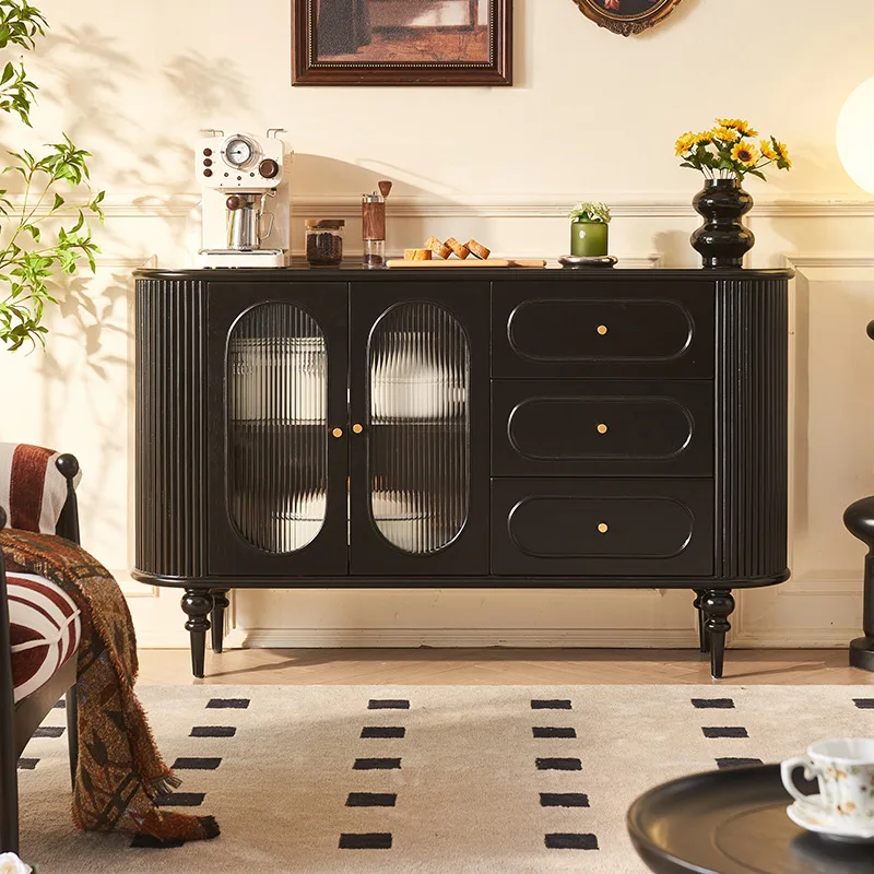 French solid wood dining side cabinet, living room retro wind shutter design, black integrated tea cabinet, multi-functional