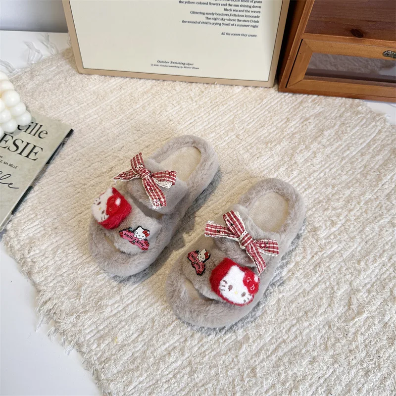 أطفال النعال أحذية منزلية الكرتون مرحبا كيتي المفتوحة تو أحذية الشتاء للفتيات الدافئة المضادة للانزلاق الدافئة البيج حذاء أسود حجم 26-37 #3