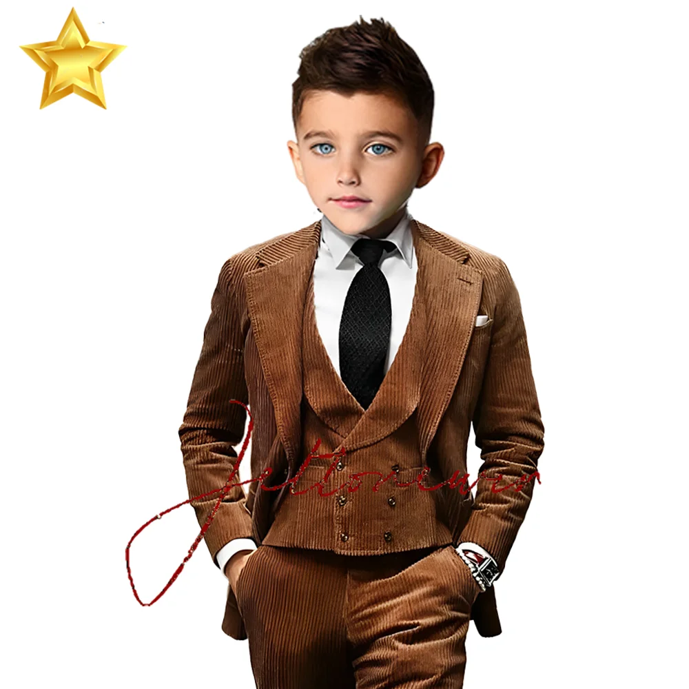 Boy Suits Blazers Costume Brown Corduroy Vintage kids Tailor-Made 3 Pieces Wedding Child Tuxedo Prom Slim Fit 3Pcs