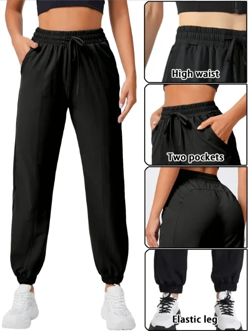 Lockere Lauf- und Fitnesshose, Damen-Sporthose mit Seitentaschen, Outdoor-Freizeithose, Yoga-Hose mit Knöchelbündchen – Detail 2