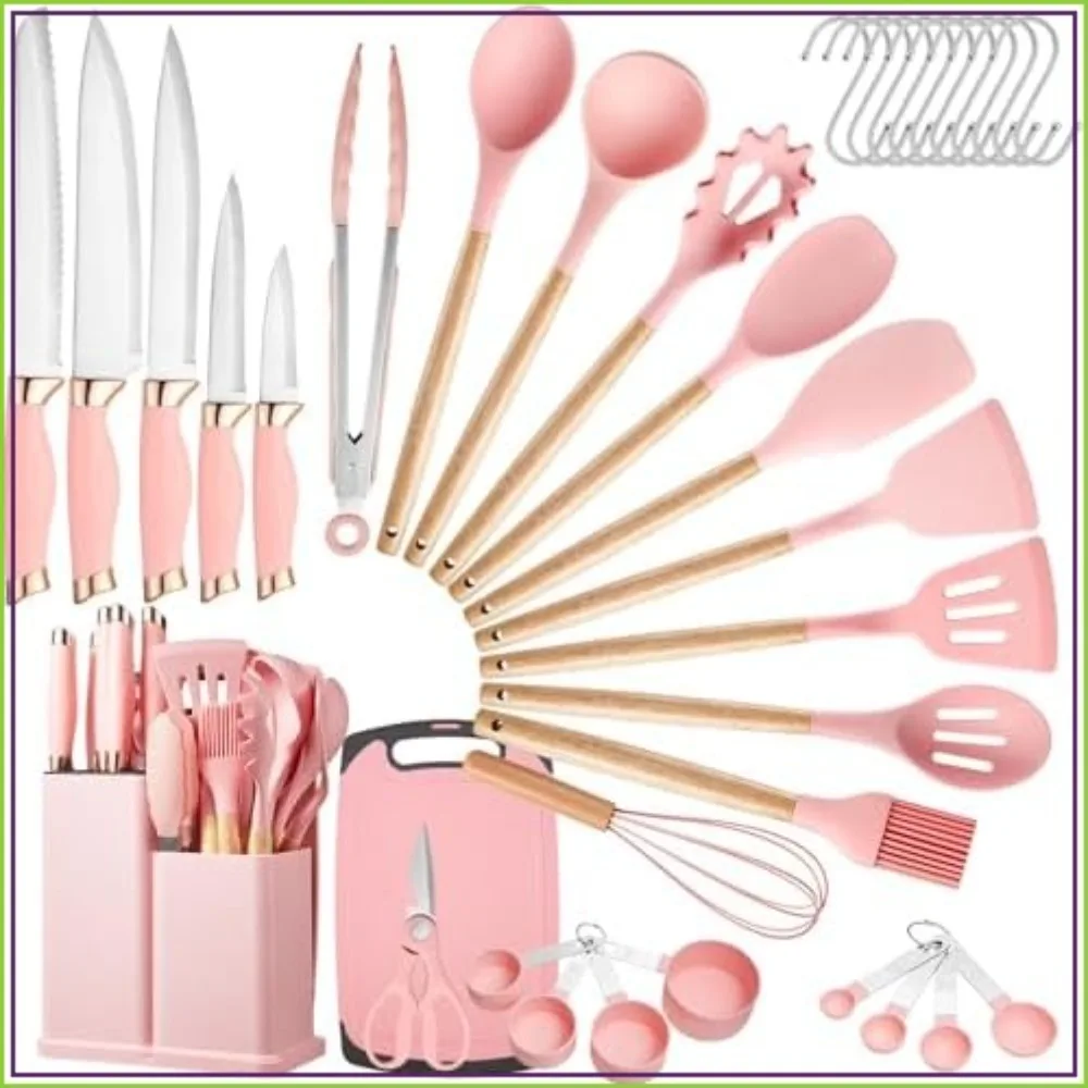 

37 PCS Kitchen Utensils Set, Silicone Cooking Tools with Knife Set and Holder, Wooden Handle Kitchen Gadgets