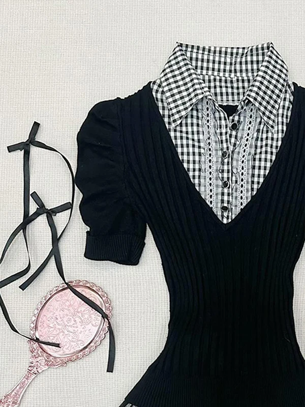 Boya Girl Original Bla Plaid Splicing ort Sve T-irt Women Summer Vintage Vintage Clothing Top Trendy  irt