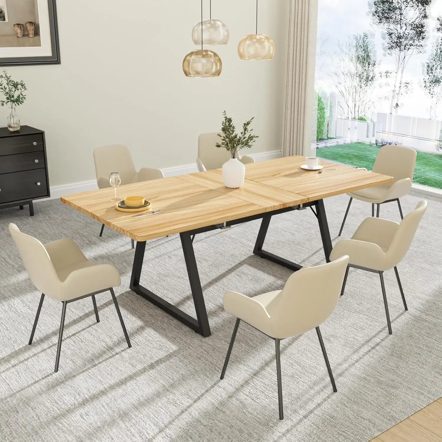 Solid Wood Extendable Dining Room Table for 4-6, 67" Rectangle Kitchen Table Mid Century Modern Large Dining Table Space