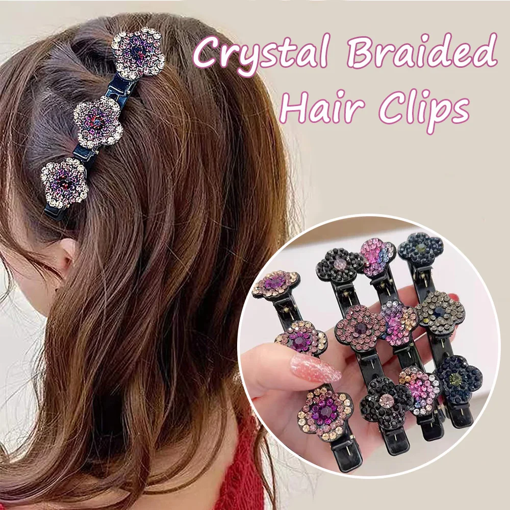 

Bling Crystal Braided Hair Clips Fashion Four Leaves Duckbill Hairpin with 3 Small Clips Rhinestones Bangs Barrettes for Girls