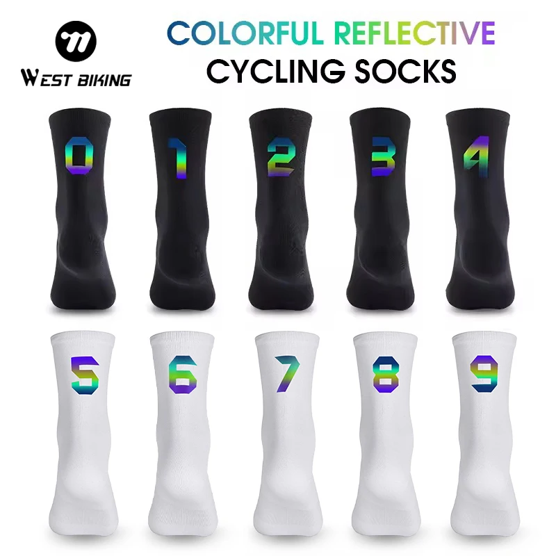 

WEST BIKING Cycling Sports Socks Unisex Nylon Breathable Sweat-Abosorbent Sock Digital Colorful Reflective Socks Bike Equipments