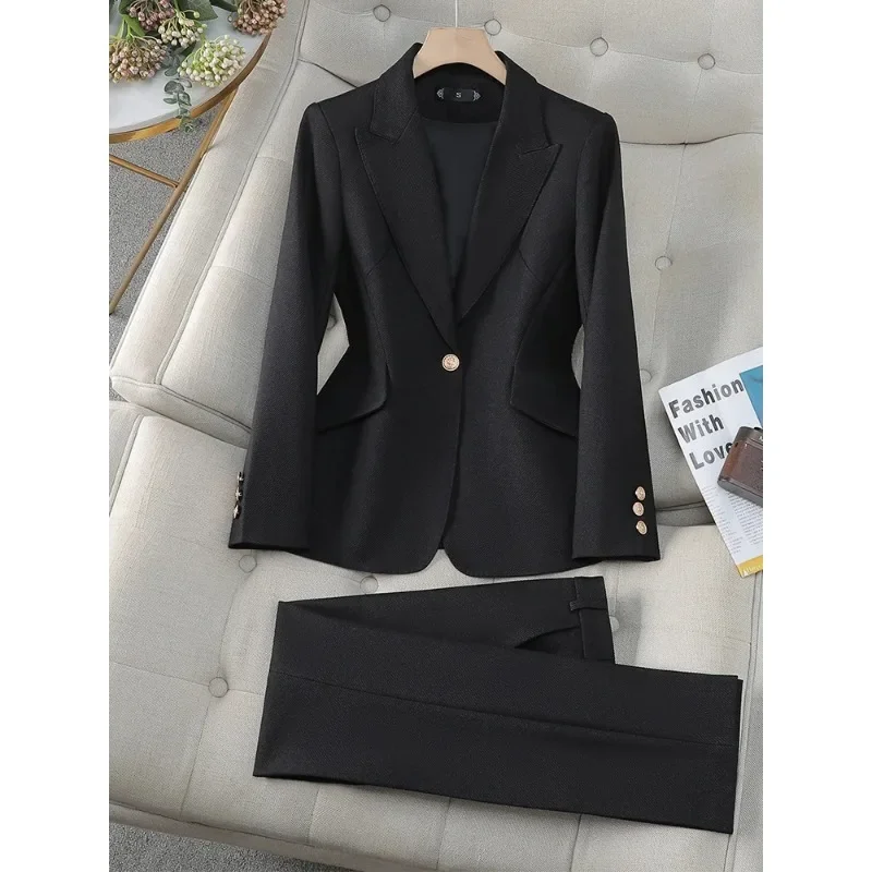 Celana Blazer wanita hitam merah muda hijau kualitas tinggi setelan jaket dan celana panjang polos pakaian kerja Bisnis Wanita Set 2 potong