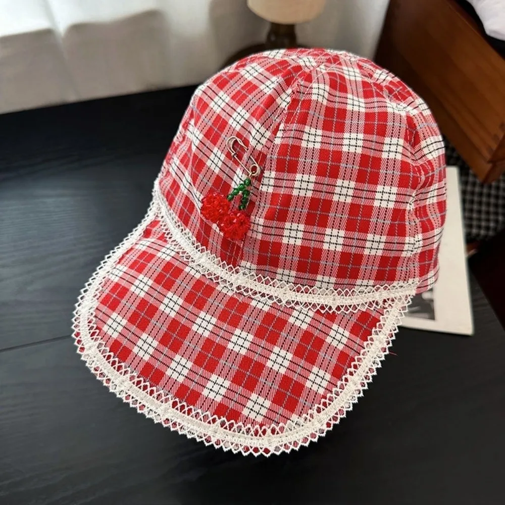 

Creative Sunscreen Cherry Pin Cap Peaked Sweet Red Plaid Hat Cute Cotton Lace Baseball Cap Boys