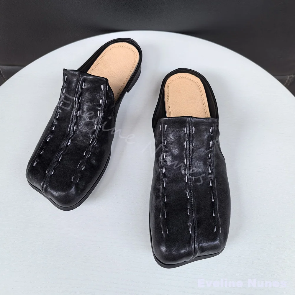 Hand-stitched Genuine Leather Slippers Women/men Retro Square Toe Low-heeled Unique Design Summer Fashion Couples' Slippers