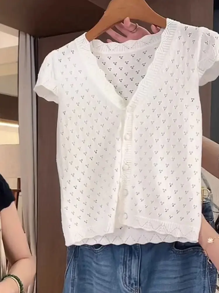 

Faionable Knitted ort Sve Open Cardigan Women's Breathable Hollow out Design Summer 2025 Sli Agel Versatile Top