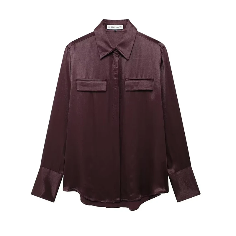 Willshela Women Fashion With Pockets Wine Red Single Breasted Blouse Vintage Lapel Neck Long Sleeves Female Chic Lady Shirts