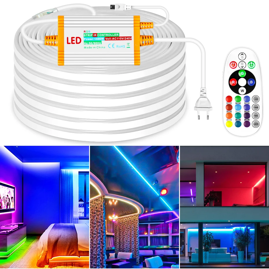 

220V LED Neon Strip Lights Remote Control Dimmable RGB Tape SMD5050 Waterproof Led Lamp Ribbon For Outdoor Garden Decoration