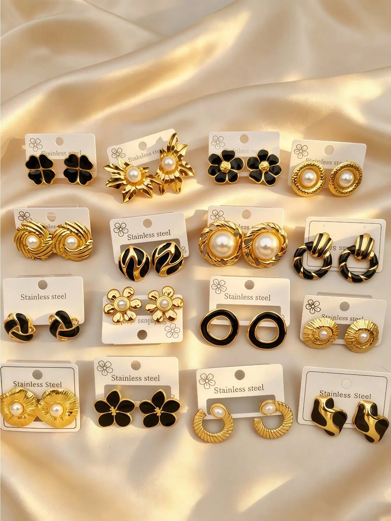 Stainless Steel 18K Gold Plated Black Enamel Pearl Stud Earrings Women Vintage Flower Circle Twist Luxury Fashion Ear Jewelry