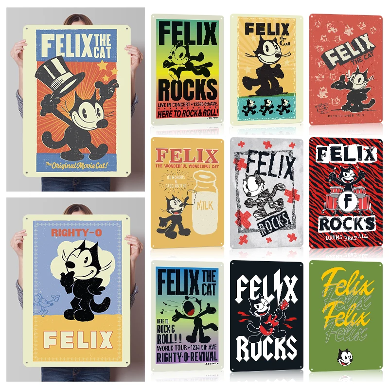 Felix the Cat Printed Posters Customizable Wall Art Retro Vintage Metal Tin Signs for Home Room Bedroom Decoration Gaming Decor