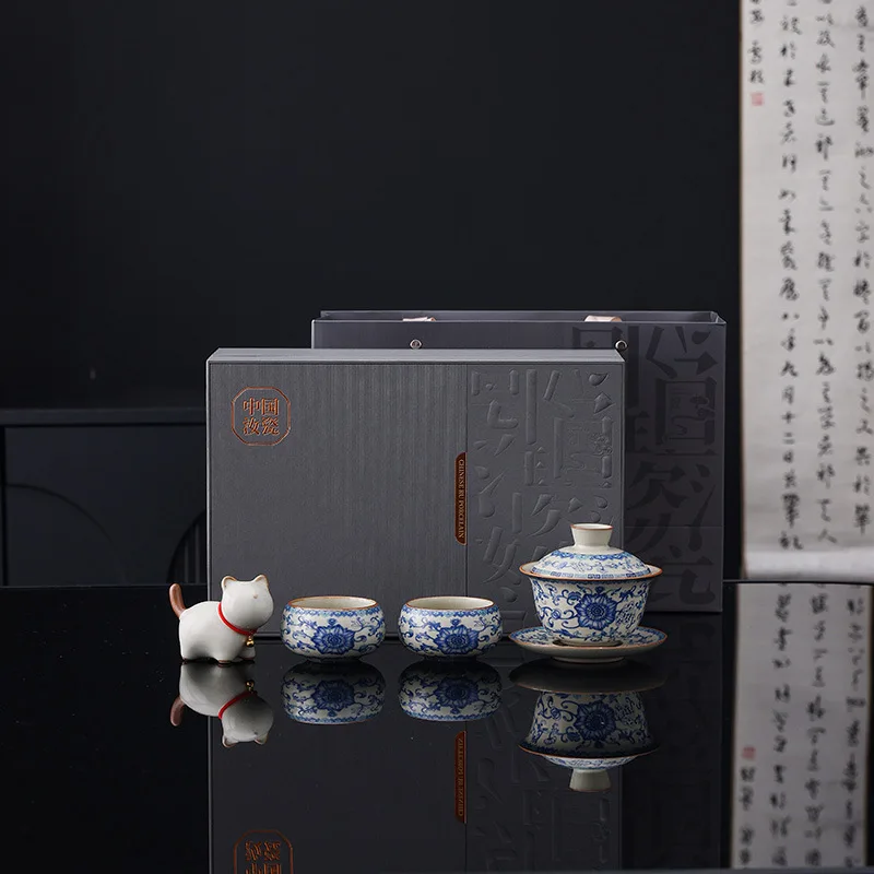 Blue and White Ru Kiln Tea Set Household Ceramic Xishi Teapot Crackling Small One-Person Kung Fu Tea Set Tea Brewer