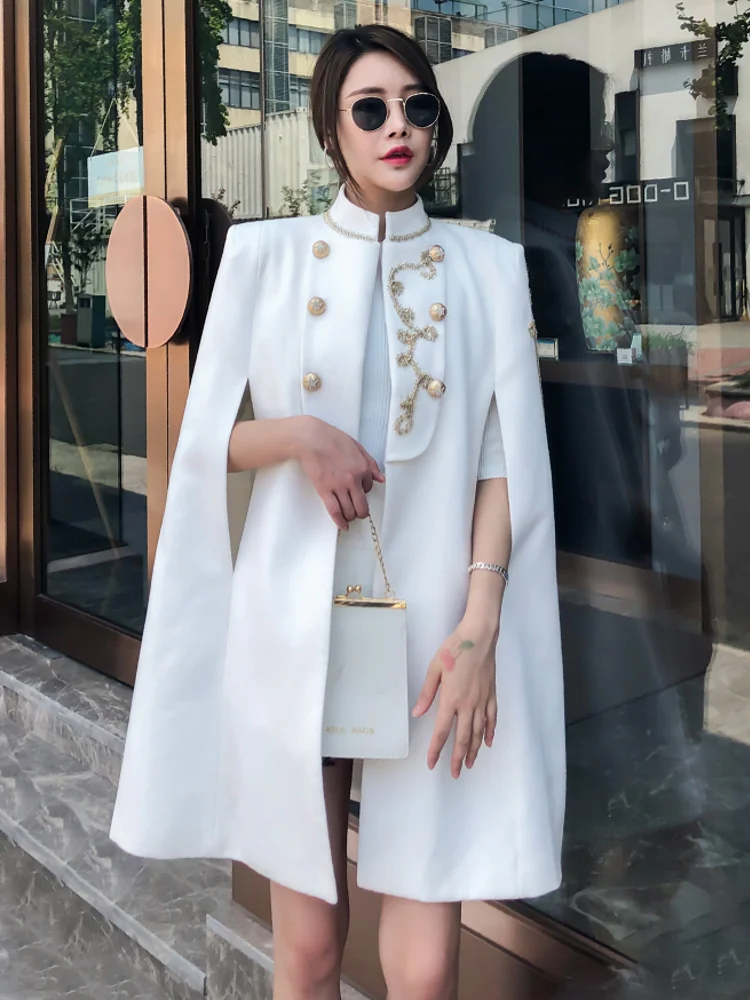 Women Double Breasted Embroidery Long Woolen Blends Coat Stand Collar White Cloak Jacket Autumn Winter Outwear Overcoat Mantle