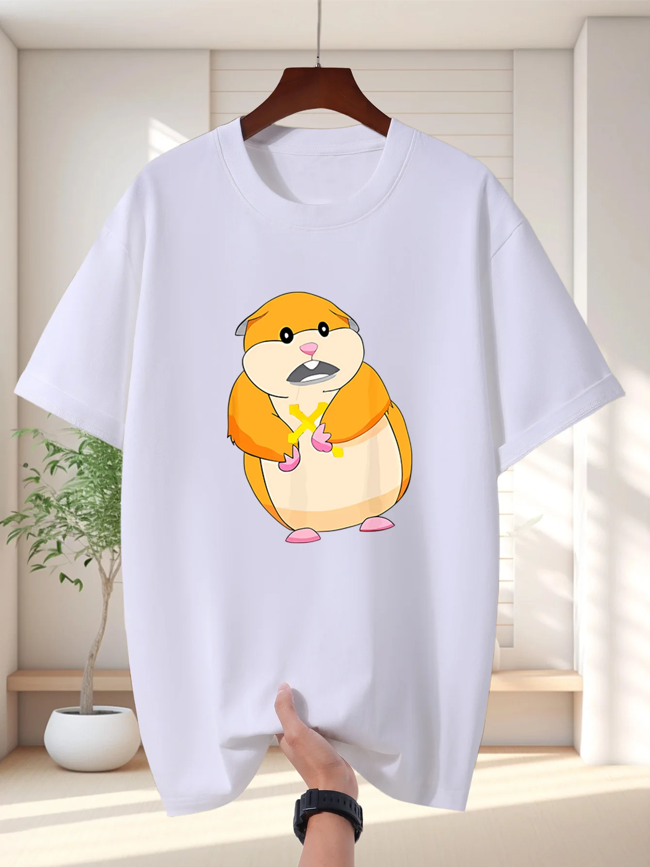 Men T Shirt Cute Chubby Hamster Cartoon Graphic Tee Funny Pet Print Short Sleeve O Neck Loose Casual Tops Summer Streetwear