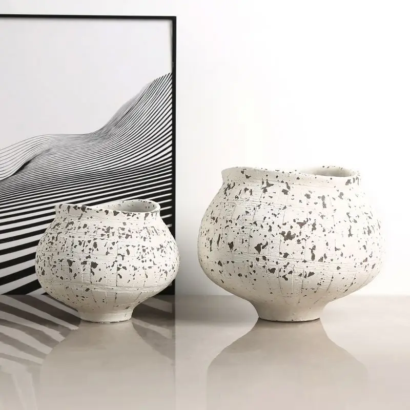 Wabi Sabi Mid-Century Vase, Distressed Crackle Cement Flower Pot for Dry Flowers, Creative Artistic Decor for Home, Hotel